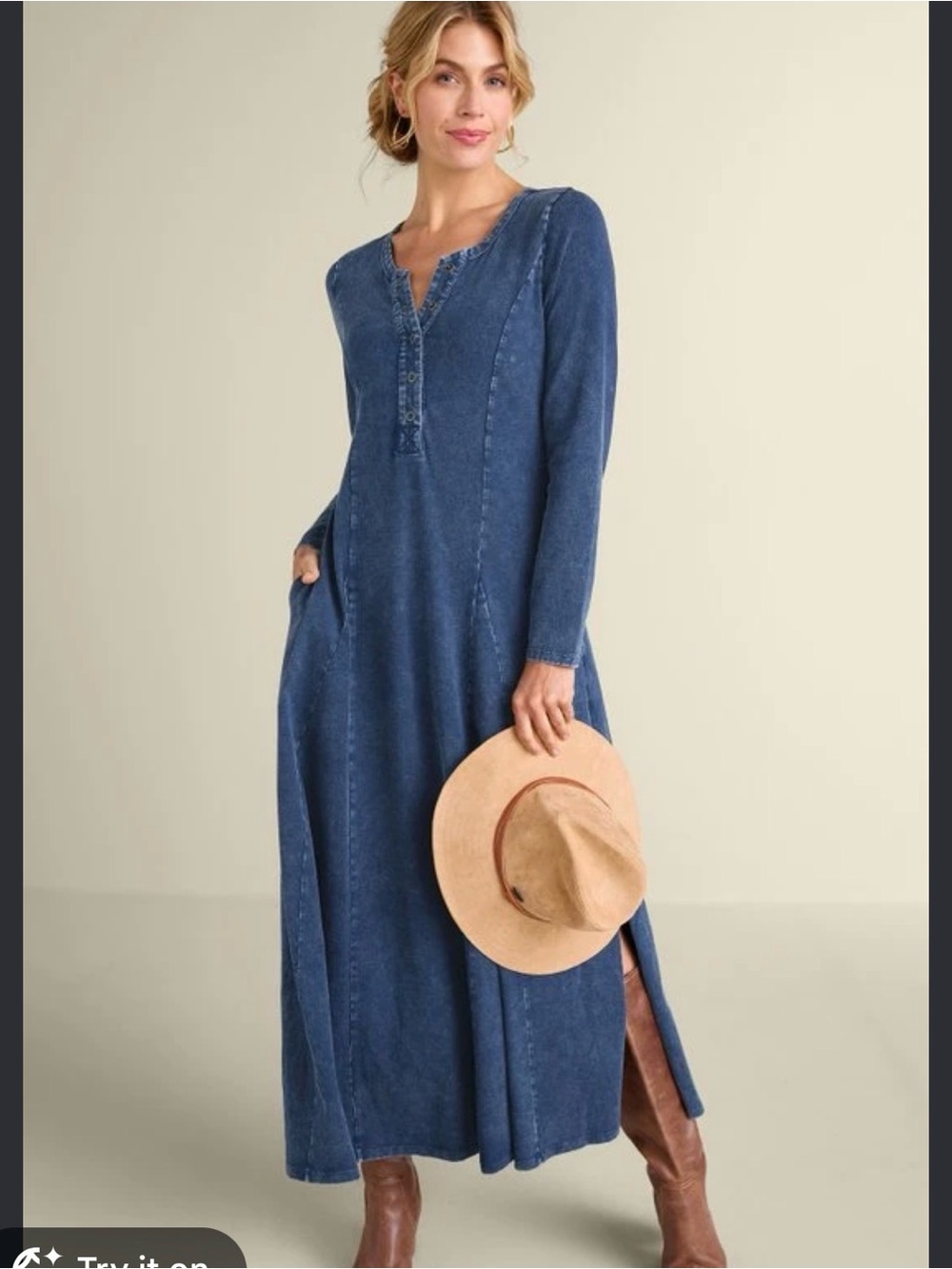 Soft Surroundings Washed Henley cotton soft Indigo Long Sleeve Maxi Dress
